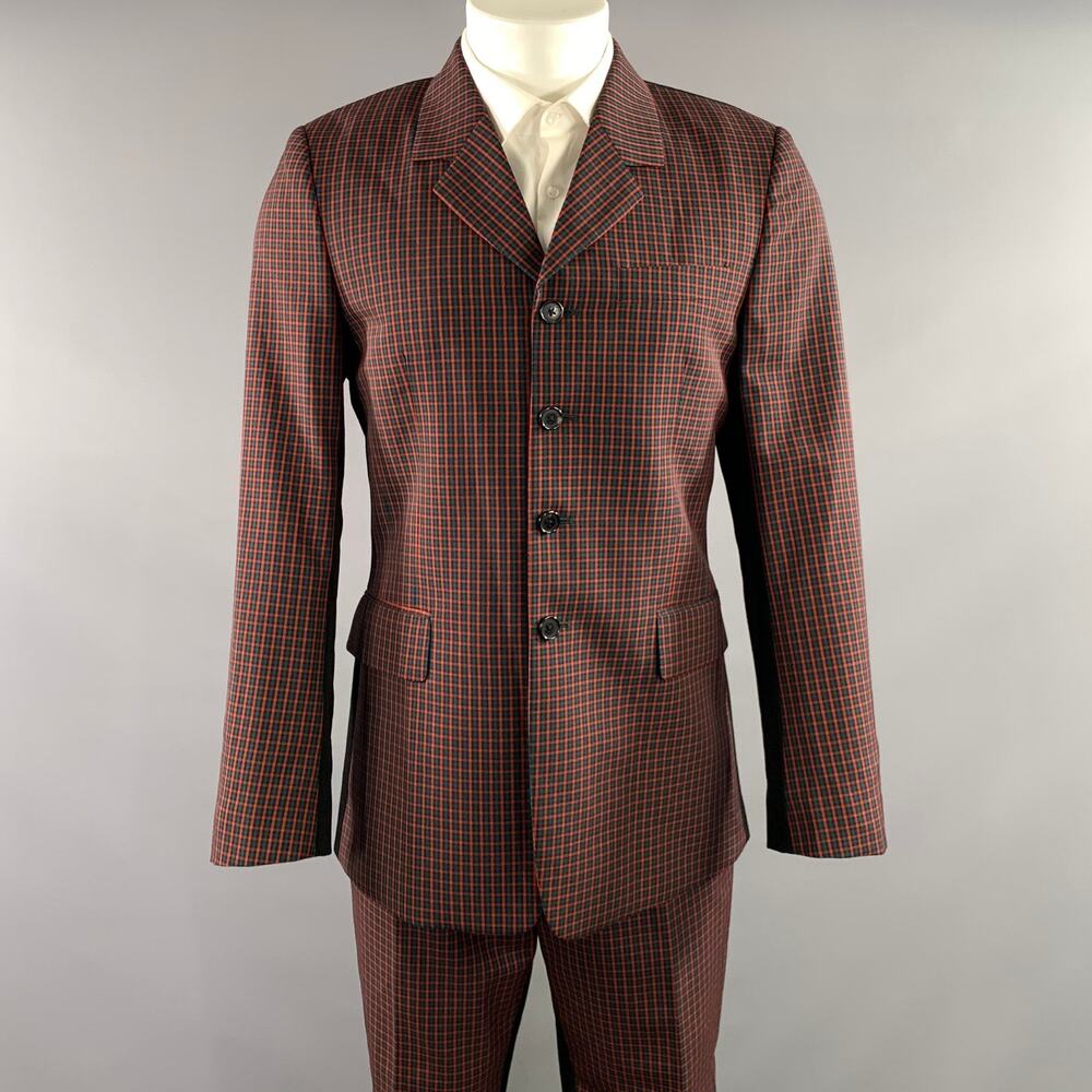 PAUL SMITH Chest Size 38 Black Red & Blue Plaid Wool Notch Lapel 32 31 Suit